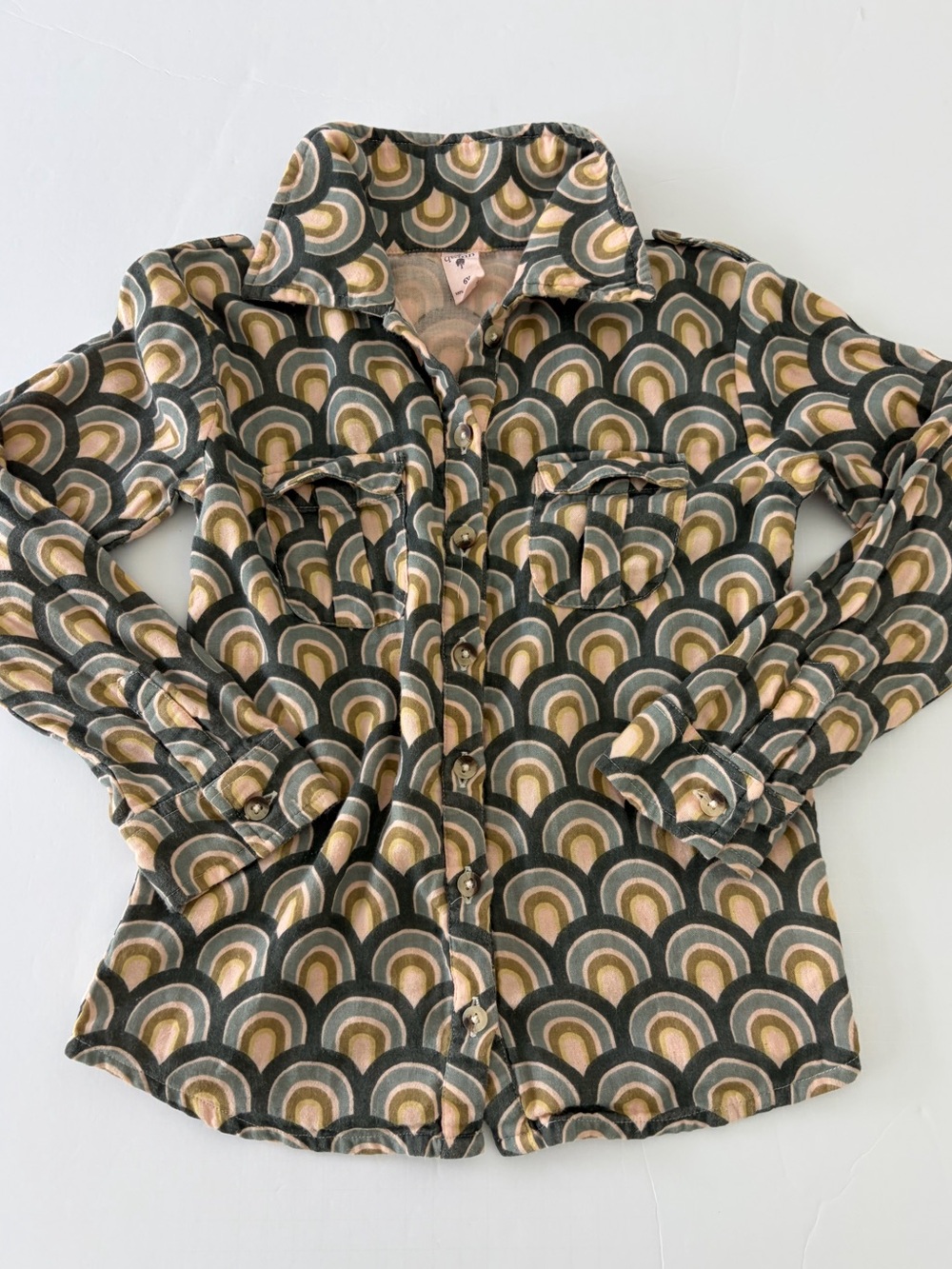 Kate Quinn Retro Arc Button-Down Shirt 100% Organic Cotton Long Sleeves 6Y
